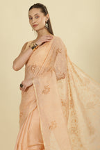 Light Peach Floral Resham Embroidered Cotton Saree