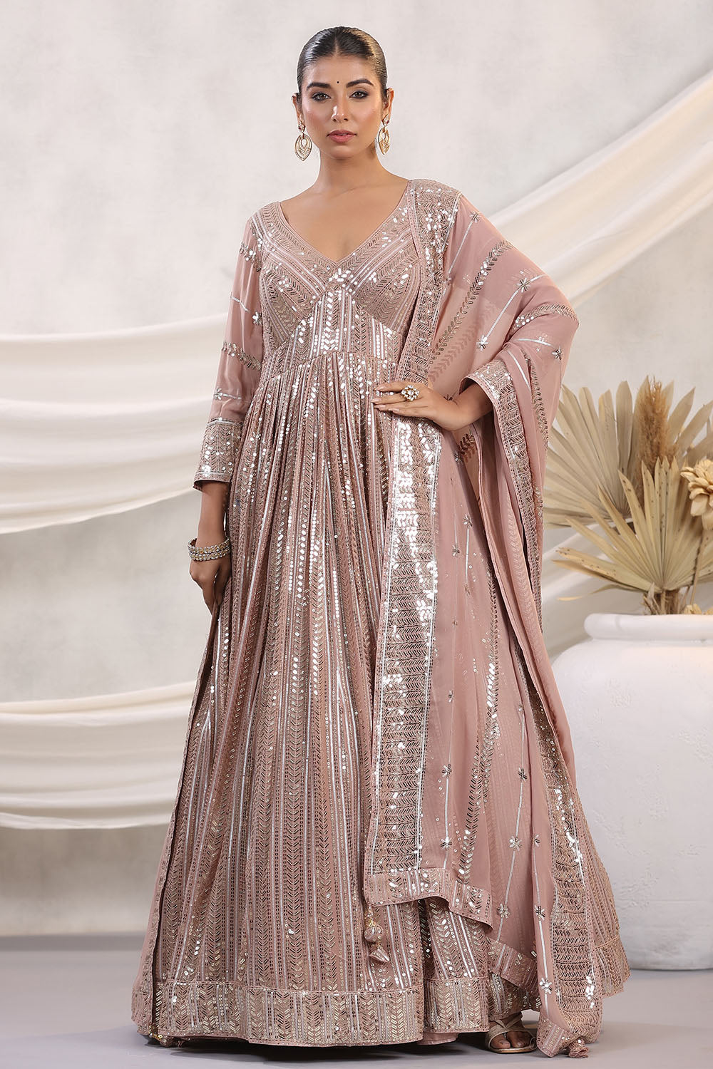 Peach Color Georgette Sequins Embroidered Floor Length Anarkali Gown with Dupatta