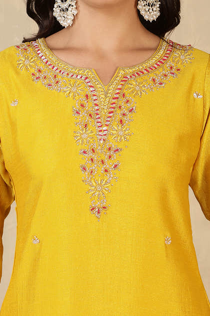 Mustard Crepe Silk Neck Embroidered Suit