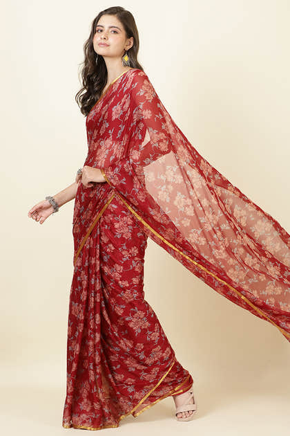 Maroon Zari Border & Floral Printed Chiffon Saree