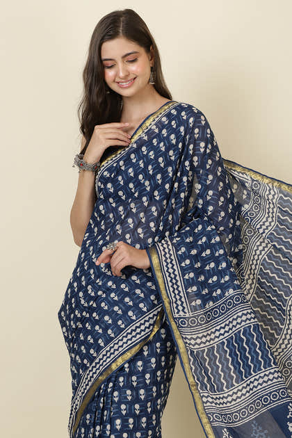 Indigo Blue Block Printed Cotton Saree