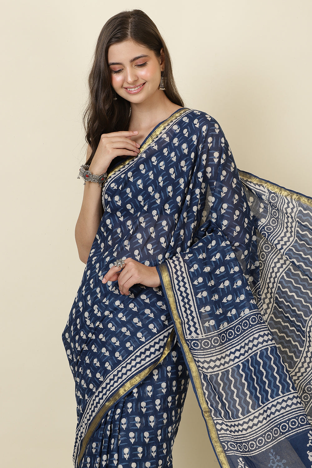 Indigo Blue Block Printed Cotton Saree
