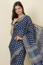 Indigo Blue Block Printed Cotton Saree