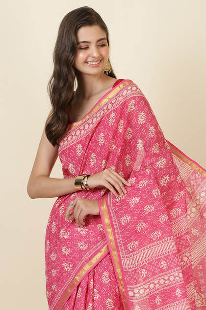 Hot Pink Cotton Block Printed Saree