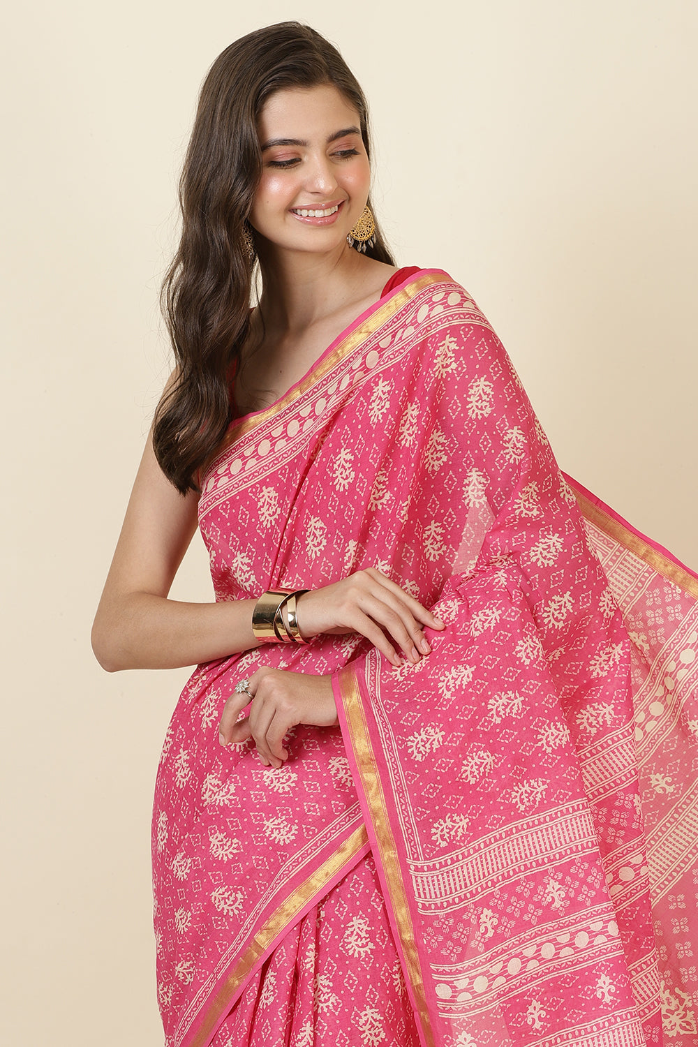 Hot Pink Cotton Block Printed Saree