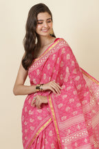 Hot Pink Cotton Block Printed Saree