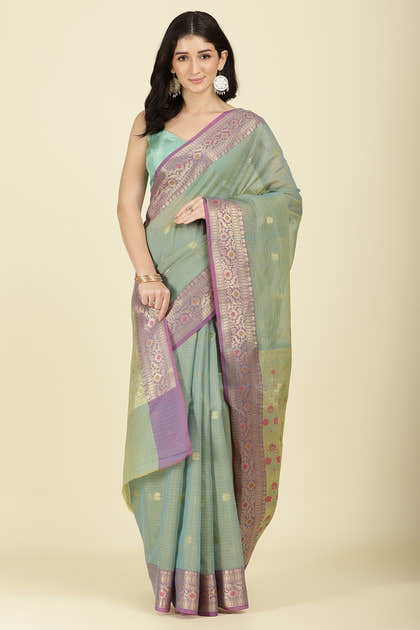 Sea Green Kota Cotton Zari Woven Saree