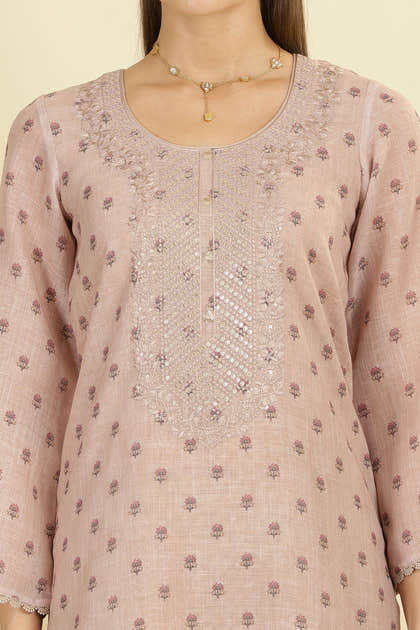 Beige Cotton Floral Printed And Neck-EmborideredUnstitched Suit Material