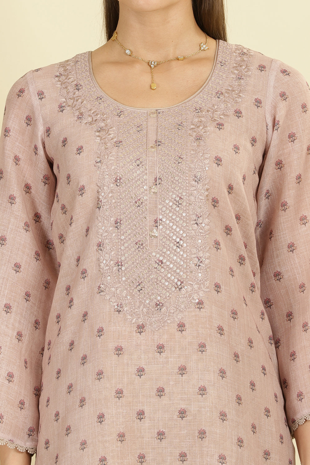Beige Cotton Floral Printed And Neck-EmborideredUnstitched Suit Material