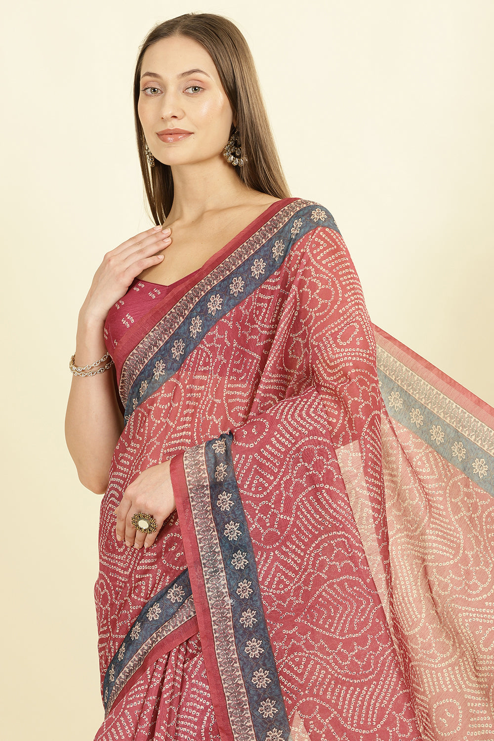 Light Maroon Bandhani Printed Cotton Saree