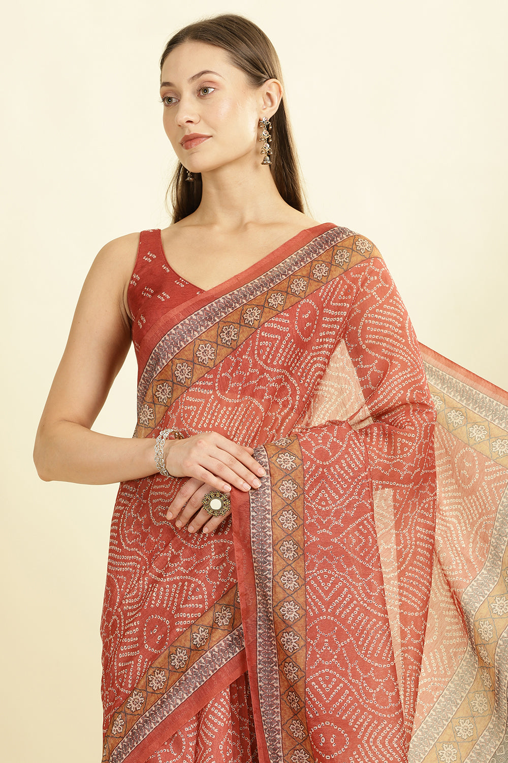 Rust Bandhani Printed Cotton Saree