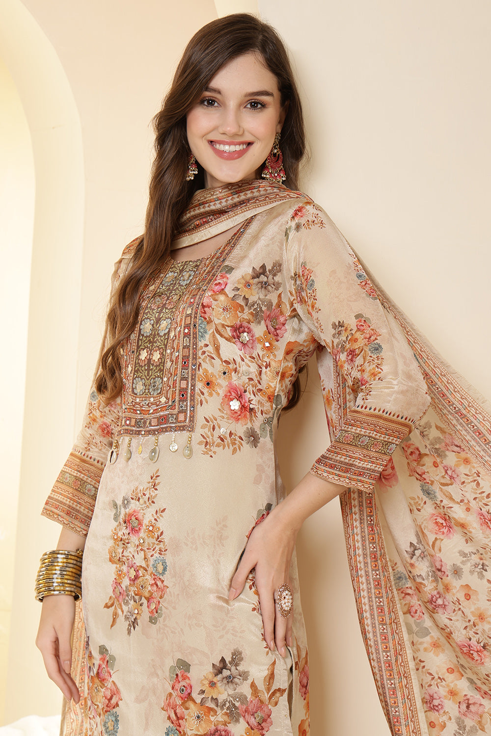 Tussar Color Shimmer Tissue Printed & Embroidered Suit Set