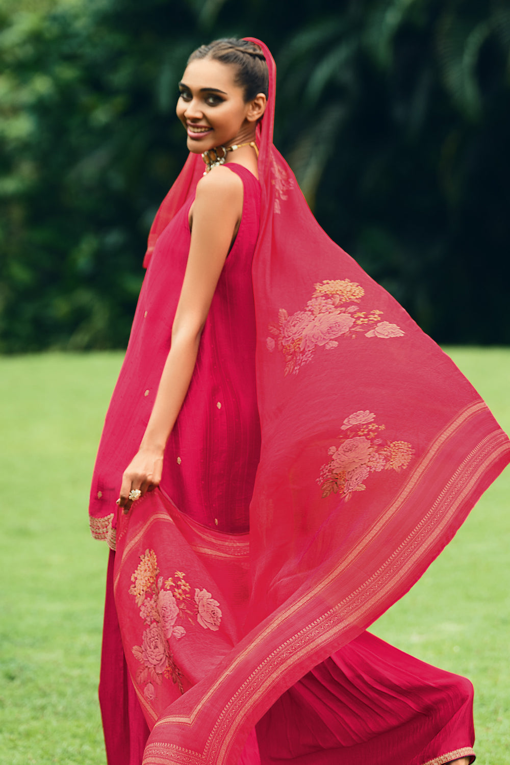 Fuchsia Pink Color Embroidered Silk Unstitched Suit Material