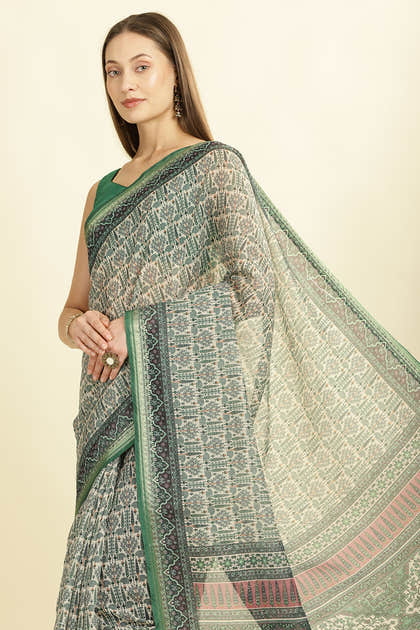 Green Ajrakh Block Printed Cotton Saree