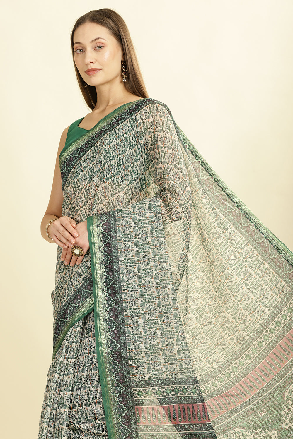 Green Ajrakh Block Printed Cotton Saree