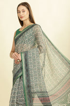 Green Ajrakh Block Printed Cotton Saree