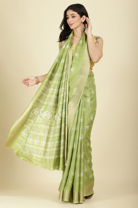 Light Green Cotton Silk Printed And Zari Woven Saree