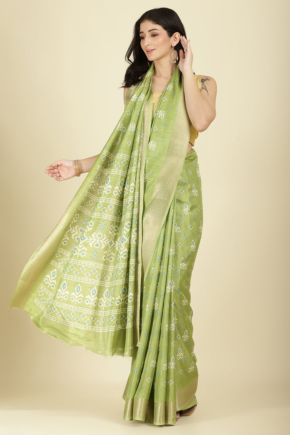 Light Green Cotton Silk Printed And Zari Woven Saree