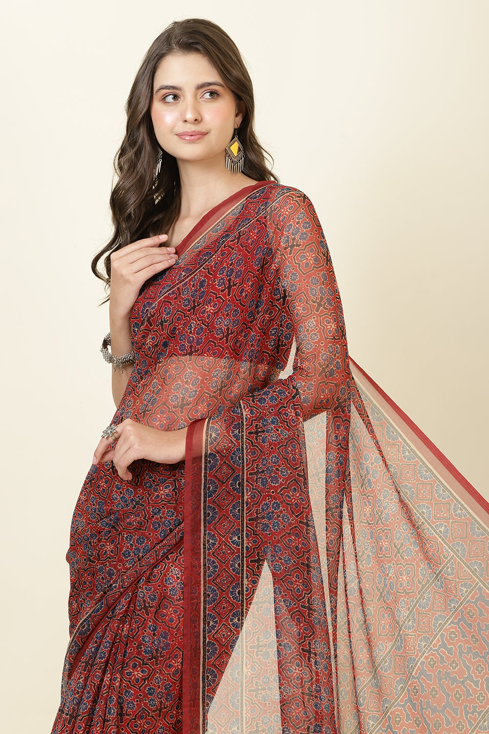 Maroon Chiffon Printed Saree