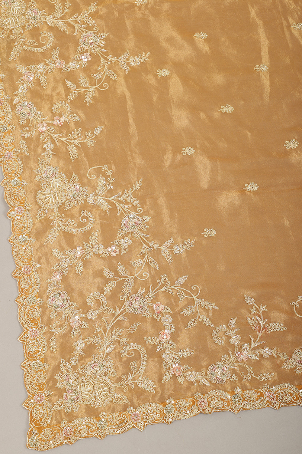 Mustard Gold Color Pure Tissue Handloom Saree with Sequence & Zardozi Handwork