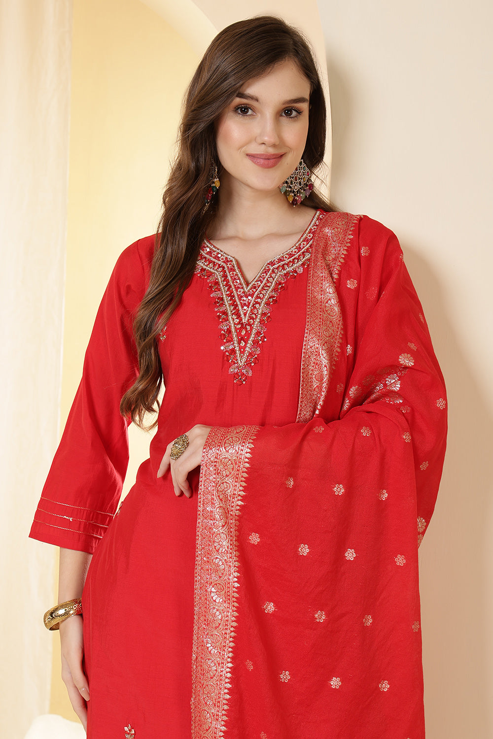 Red Silk Embroidered Suit Set