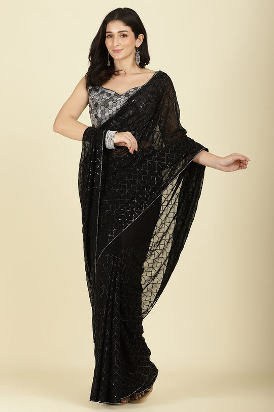 Black Georgette Sequins Embroidered Saree With Stone Work Readymade Blouse