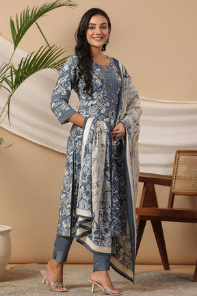 Grey Colour Muslin Printed Straight Suit