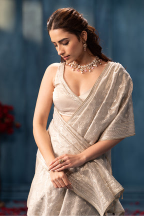 Silver Color Pure Metallic Tissue Resham & Sequins Embroidered Saree