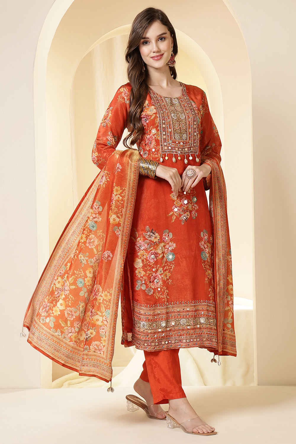 Orange Color Shimmer Tissue Printed & Embroidered Suit Set