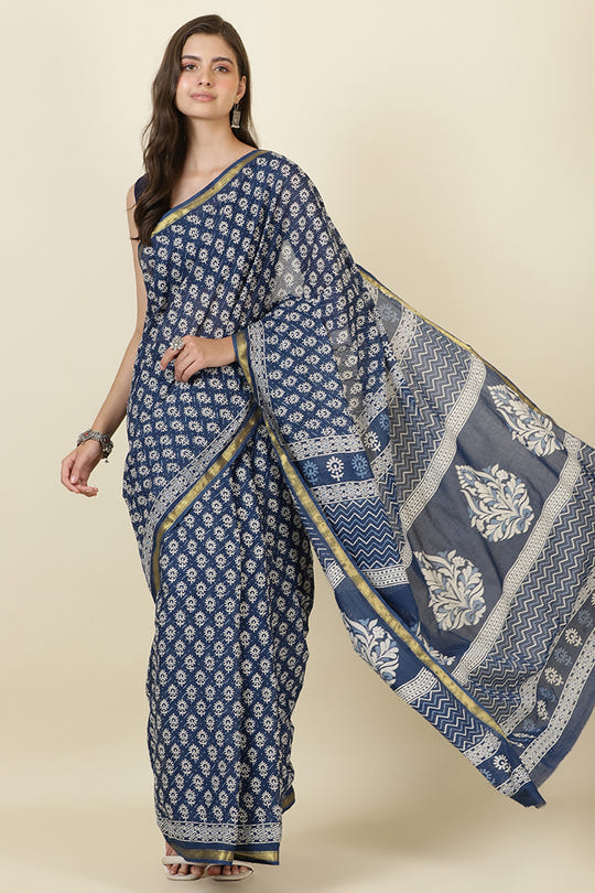 Indigo Blue Cotton Block Printed Saree