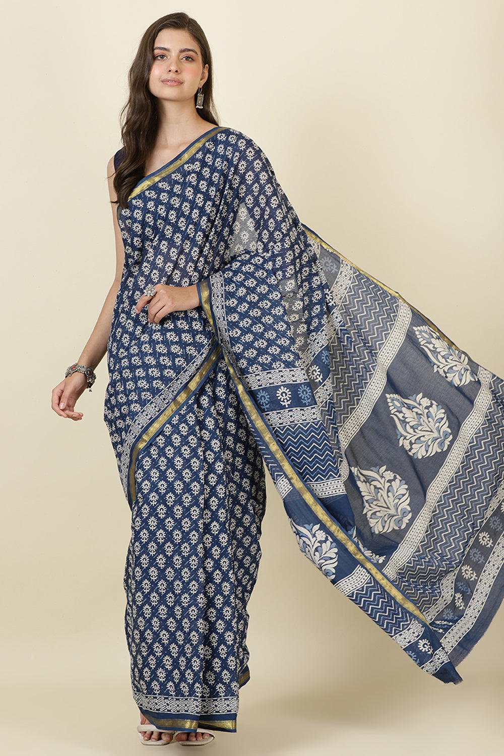 Indigo Blue Cotton Block Printed Saree