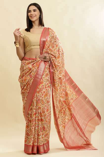 Pink & Beige Cotton Silk Floral Boota Printed Saree