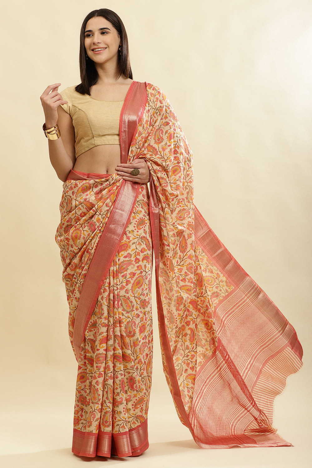 Pink & Beige Cotton Silk Floral Boota Printed Saree