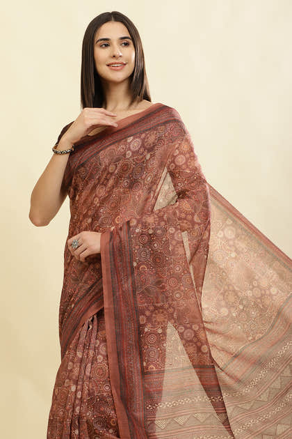 Brown Cotton Silk Printed Saree