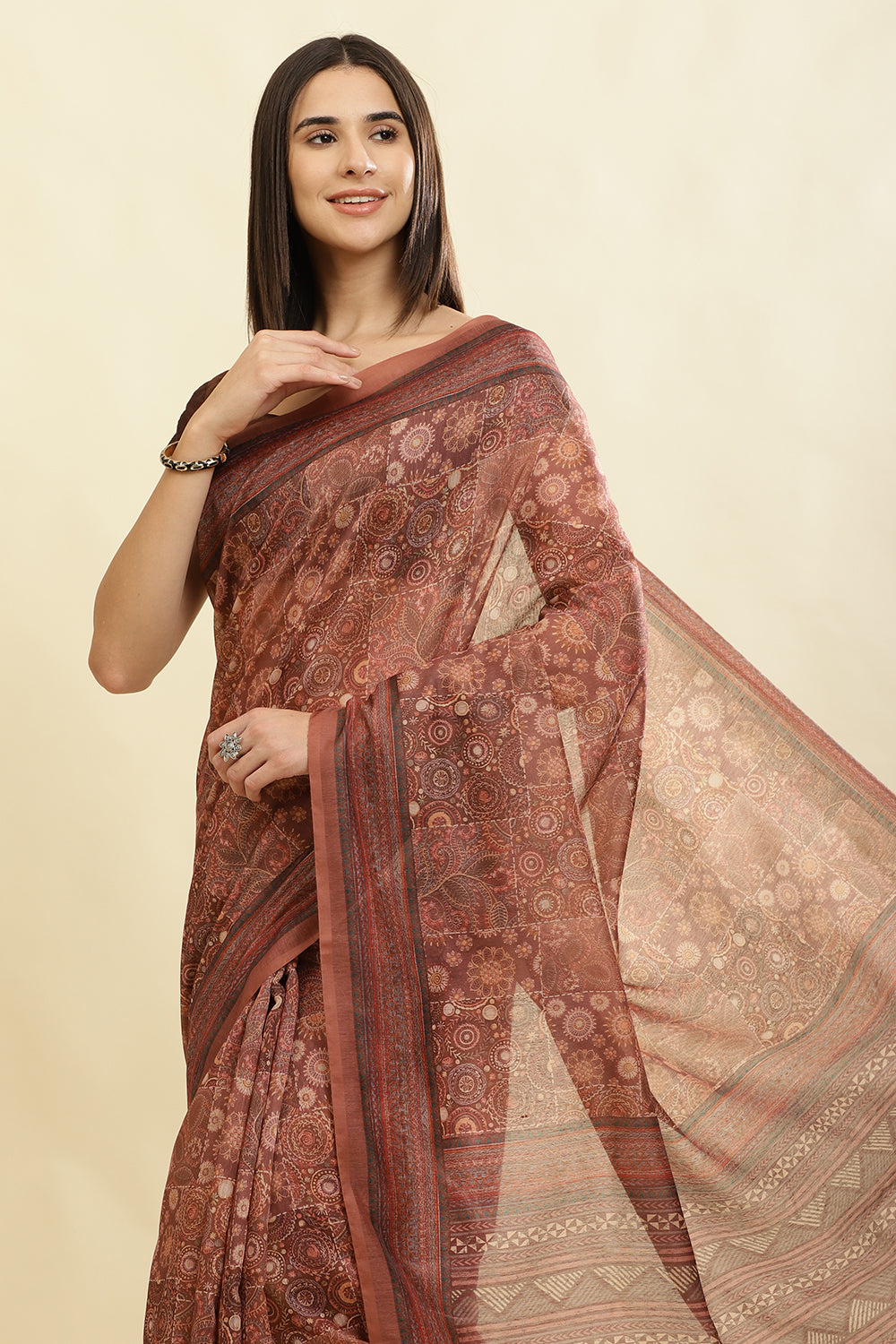 Brown Cotton Silk Printed Saree