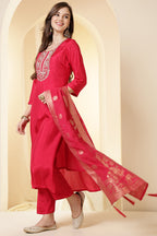 Coral Pink Color Silk Suit Set With Neck Embroidered