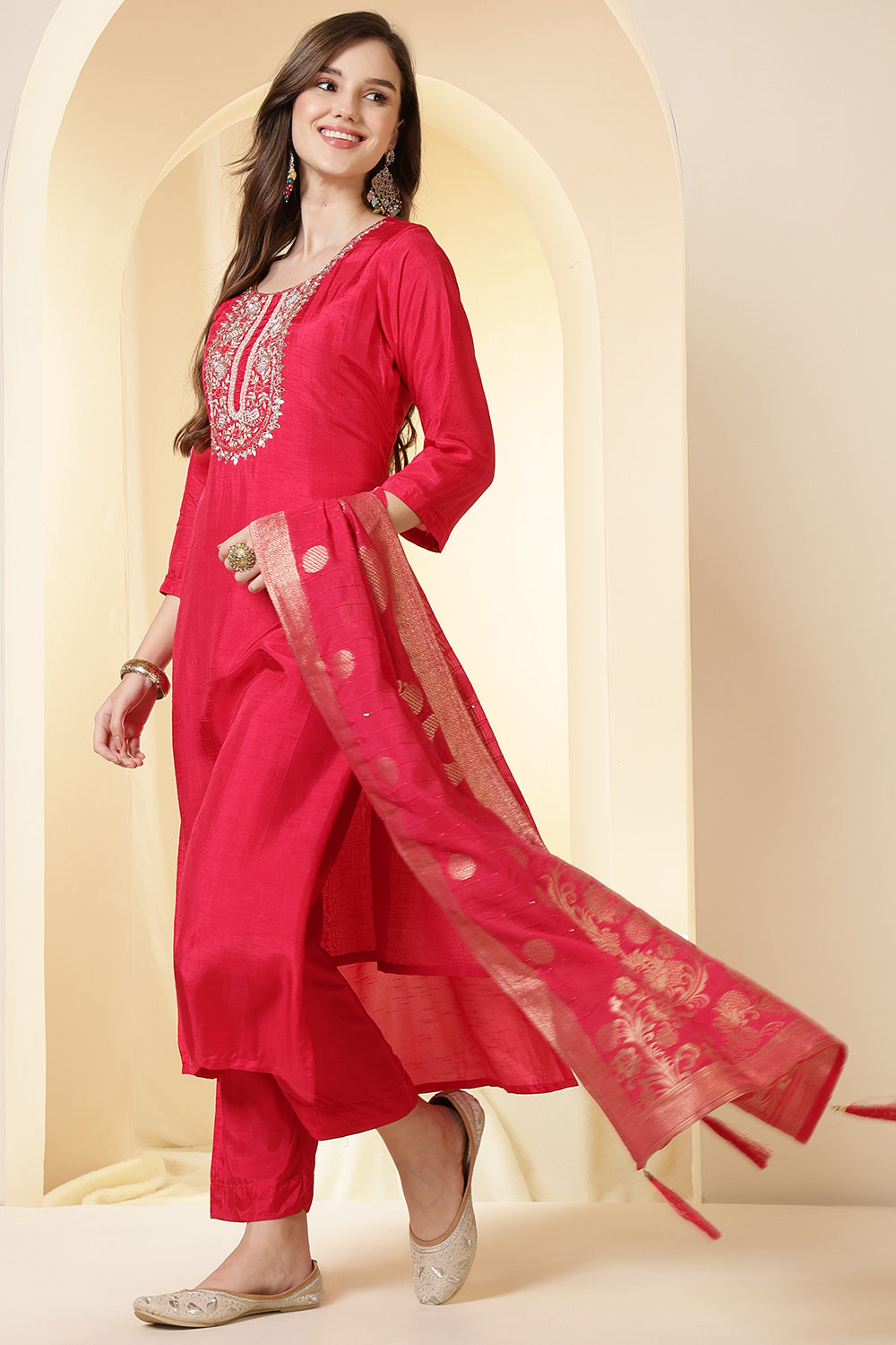 Coral Pink Color Silk Suit Set With Neck Embroidered