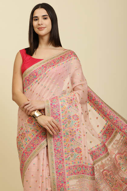 Pink Chanderi Cotton kashida Weaves Saree