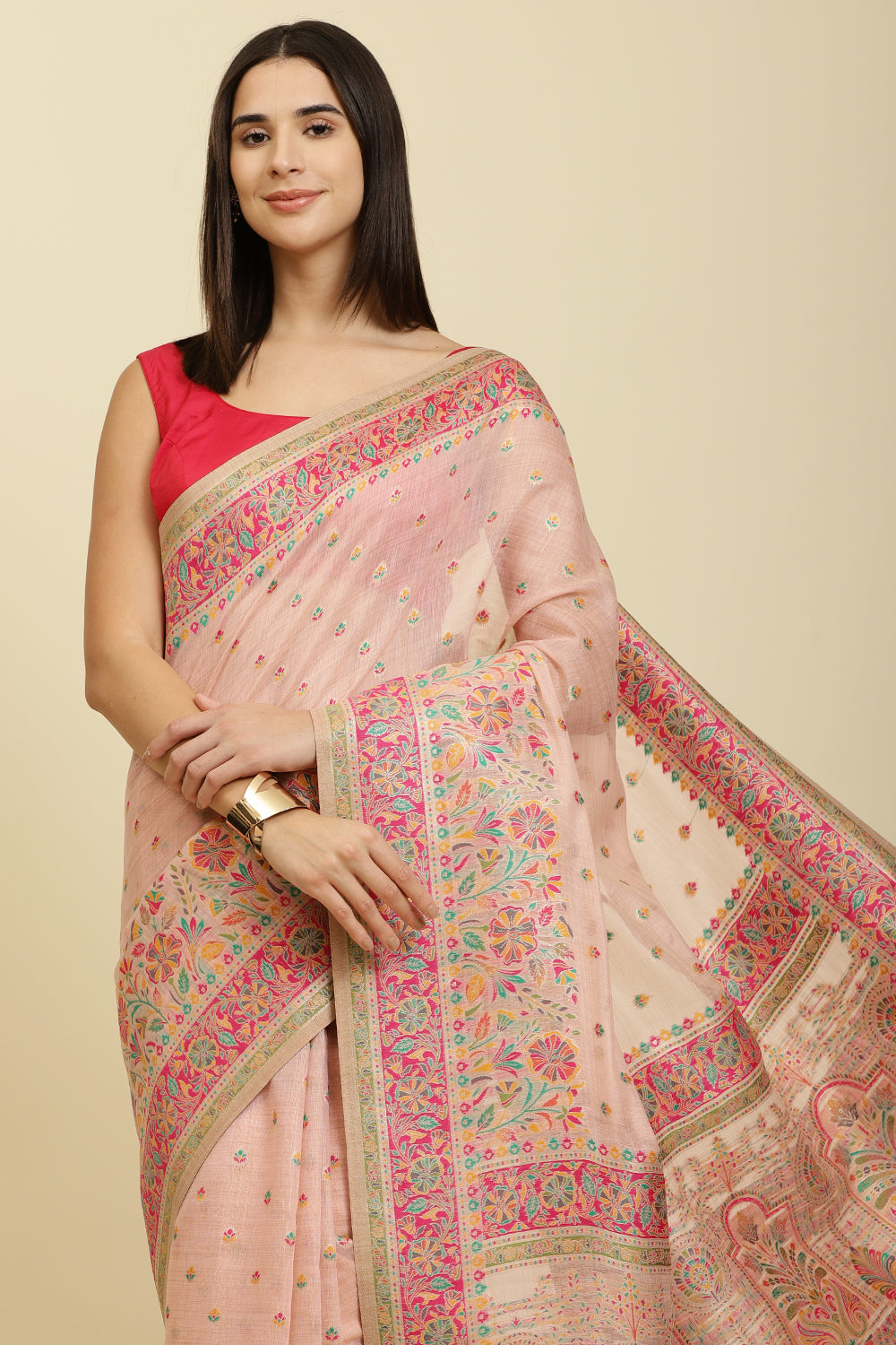 Pink Chanderi Cotton kashida Weaves Saree