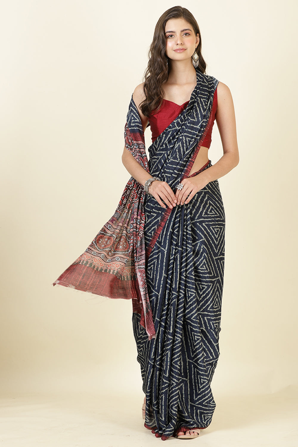 Navy Jacquard Silk Bandhani Printed Saree