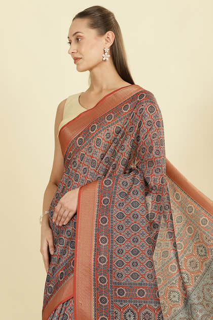 Rust Ajrakh Block Printed Cotton Saree