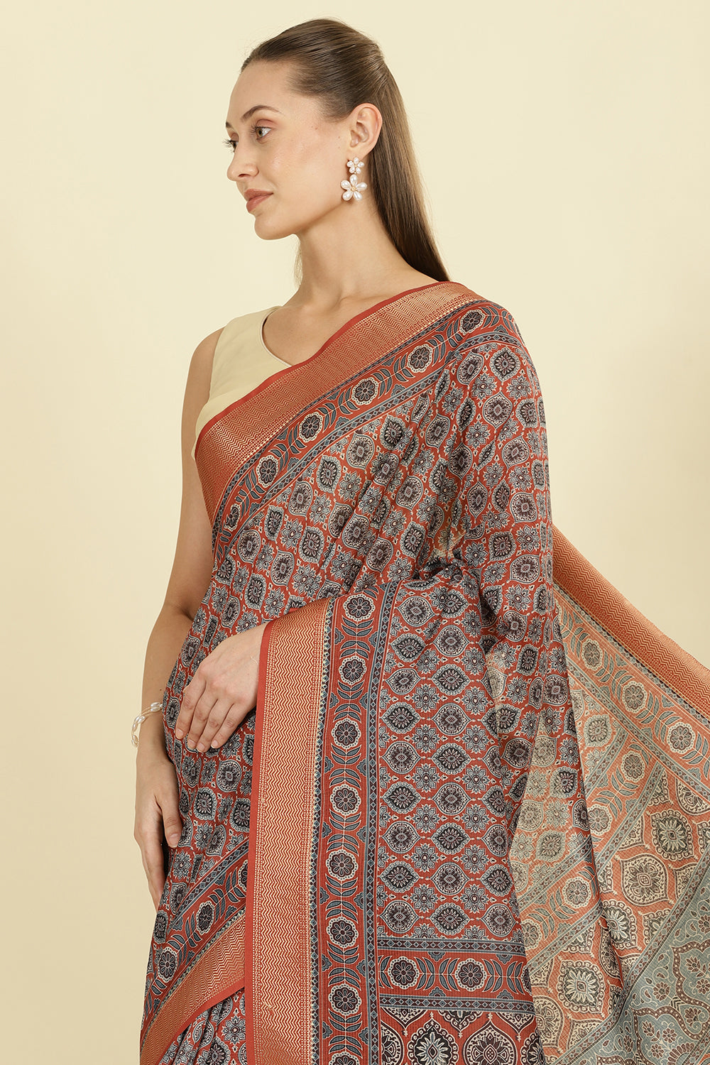 Rust Ajrakh Block Printed Cotton Saree