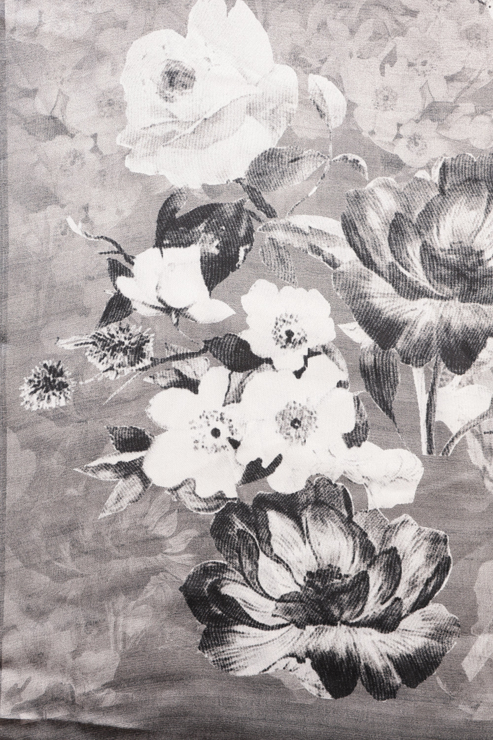 Black & White Floral Printed Crepe Silk Saree