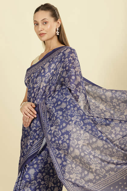 Indigo Kota Cotton Floral Jaal Printed Saree