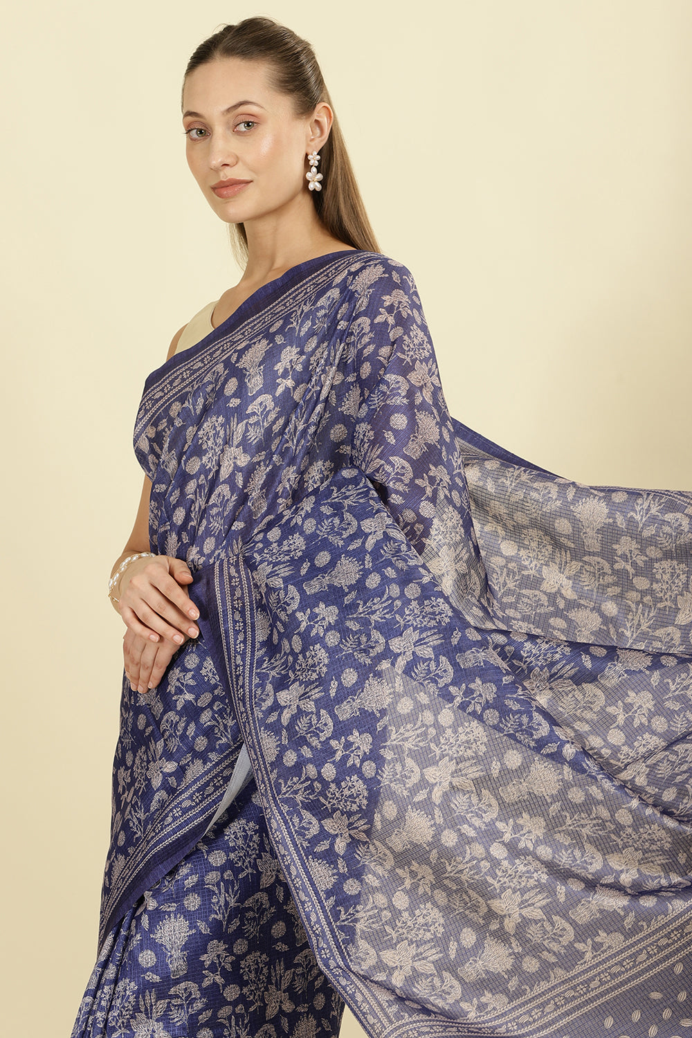 Indigo Kota Cotton Floral Jaal Printed Saree