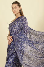 Indigo Kota Cotton Floral Jaal Printed Saree