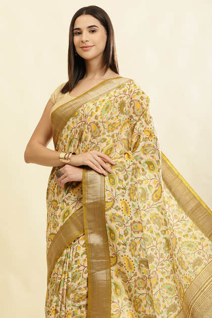Olive Green & Beige Cotton Silk Floral Boota Printed Saree