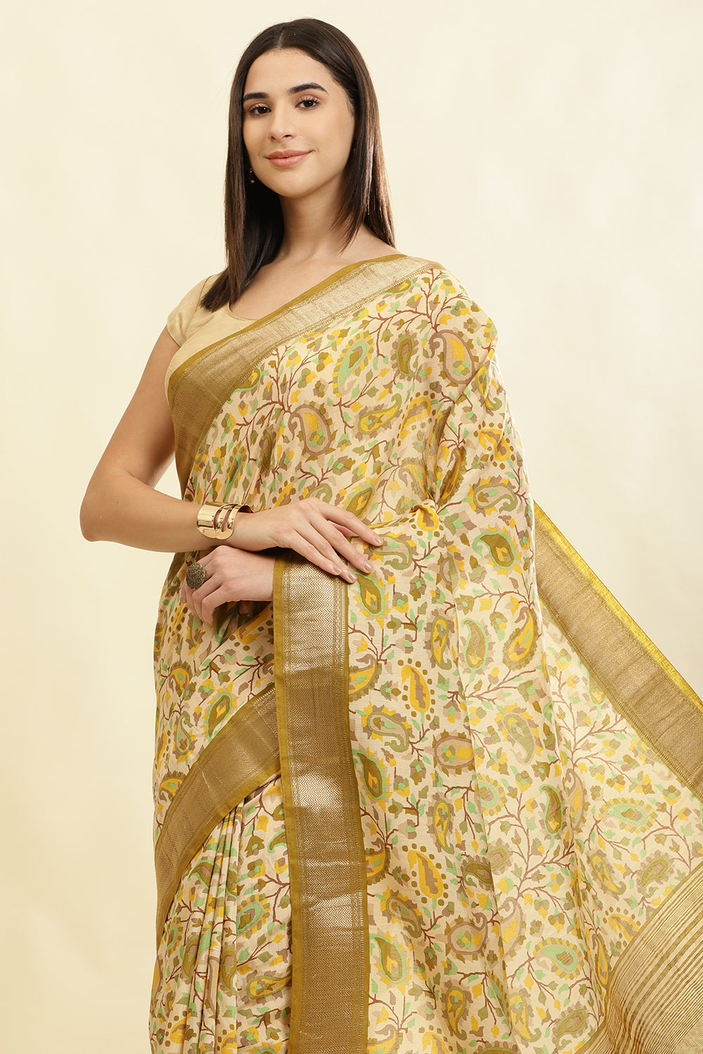 Olive Green & Beige Cotton Silk Floral Boota Printed Saree