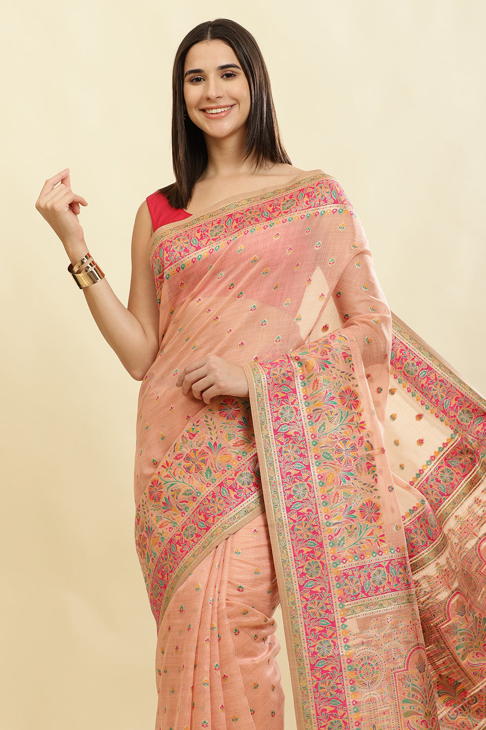 Peach Chanderi Cotton kashida Weaves Saree