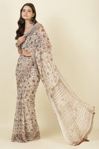 White & Brown Georgette Floral Printed Saree